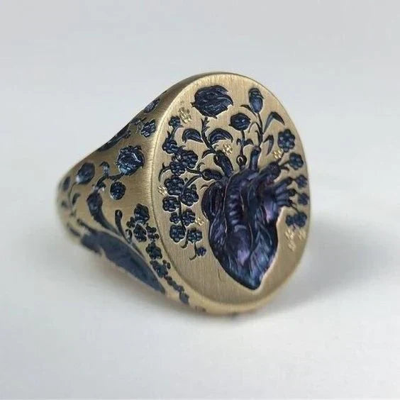 Vintage Goldring med blå blomstersiegel