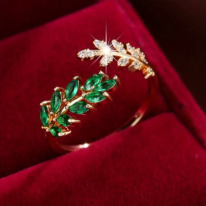 Åben ring med grønne blade af zirkonia