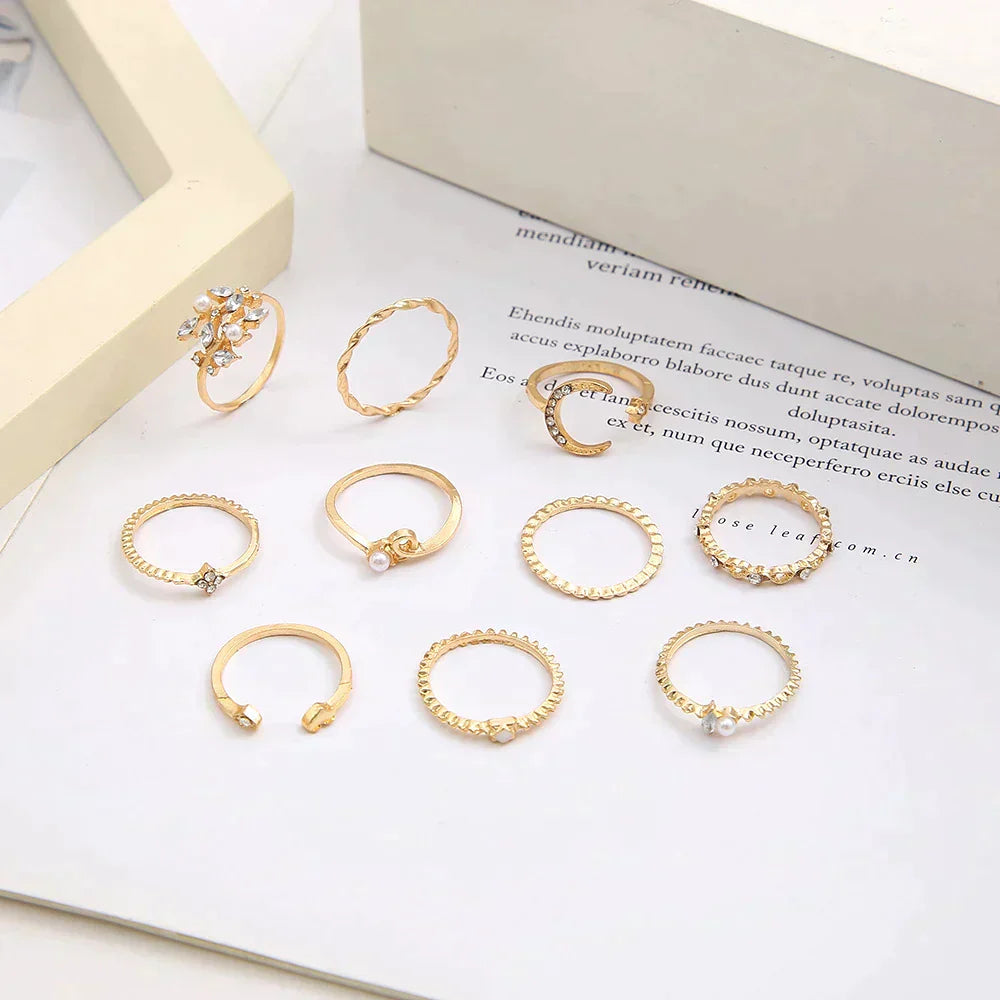 10er Pack Bohemian Sølv- og Guldplaterede Ringe