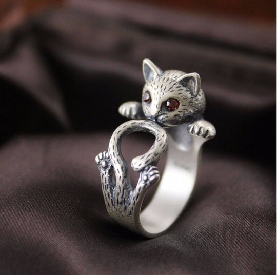 Justerbar håndmalet katte ring i 925 sterling sølv