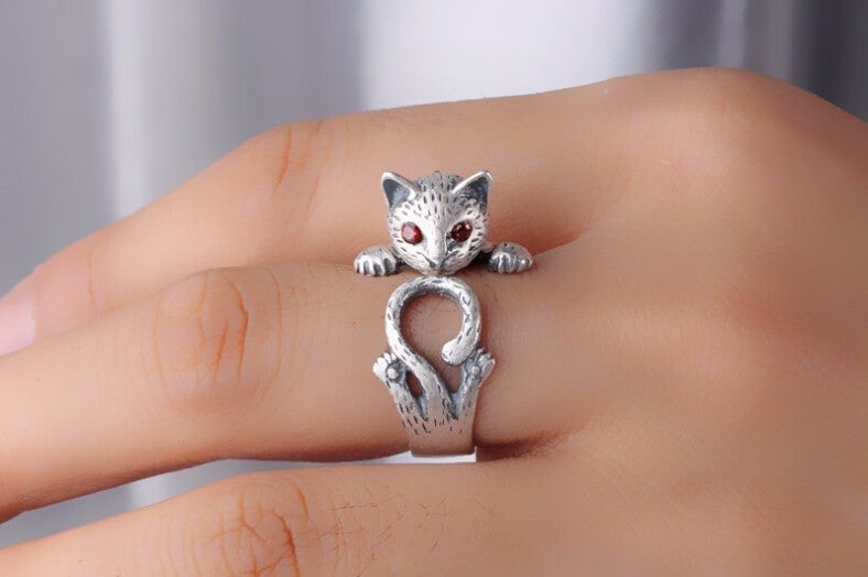 Justerbar håndmalet katte ring i 925 sterling sølv