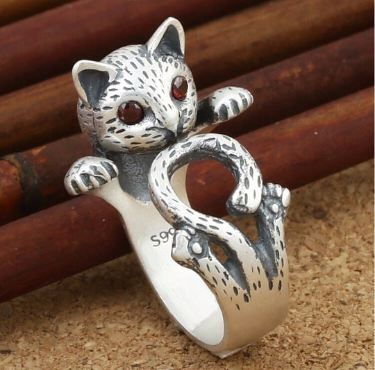 Justerbar håndmalet katte ring i 925 sterling sølv